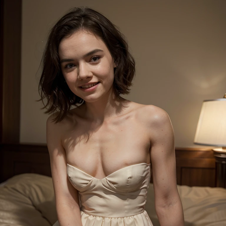 Daisy Ridley in a short strapless dress smiling sensually