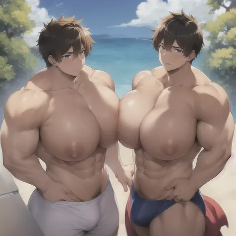 masterpiece, top quality, two teenage boys, 2boy is body size comparison, lifting clothes, huge heavy pectoral muscles over opponent, covering with huge body, {{looking up at viewer}}, muscular male, big pectoral muscles, big nipples, male, abs, grinning, ...