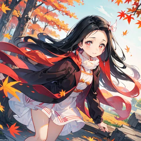 sweet cute nezuko enjoying autumn leafs falling.