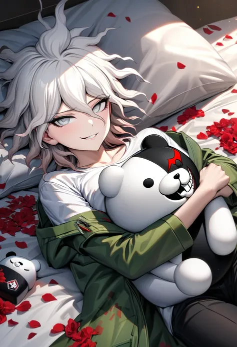 Ultra detailed, Highres, absurdres, HDR, Komaeda Nagito, white hair, silver eyes, Danganronpa, green long coat, white tight t-shirt, black pants, smirking, lying in a bed, red sheets, petals, hugging a plushie of Monokuma,