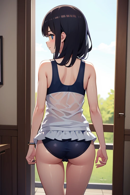 girl in school swimsuit from back