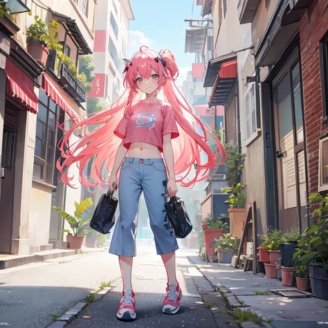 Coral pink hair，long hair，hair over one eye，gray eyes，feather hair ornament，cute，girl，laughing expression，short sleeves，Pants，Navel exposed，Wearing sneakers，whole body，stand on the ground，Does not expose fingers，Street with plants in the background，blue sk...