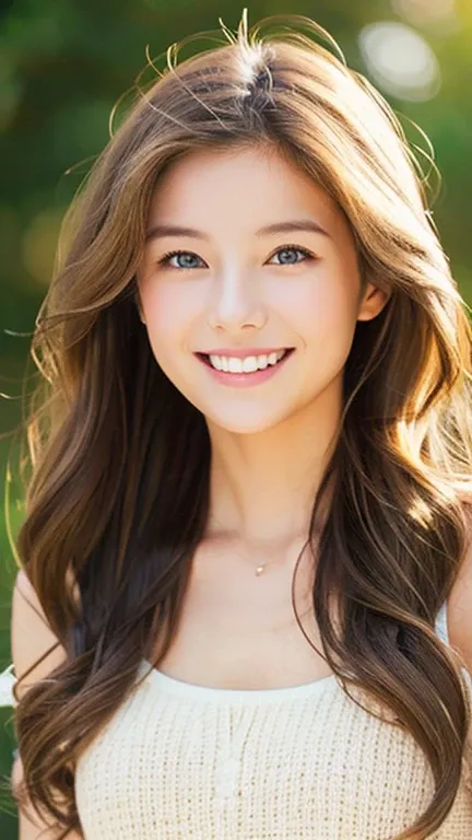 Have soft, wavy hair、Generate an image of a woman with captivating eyes。She is depicted with a smile and her upper body.、It gives off a warm atmosphere。