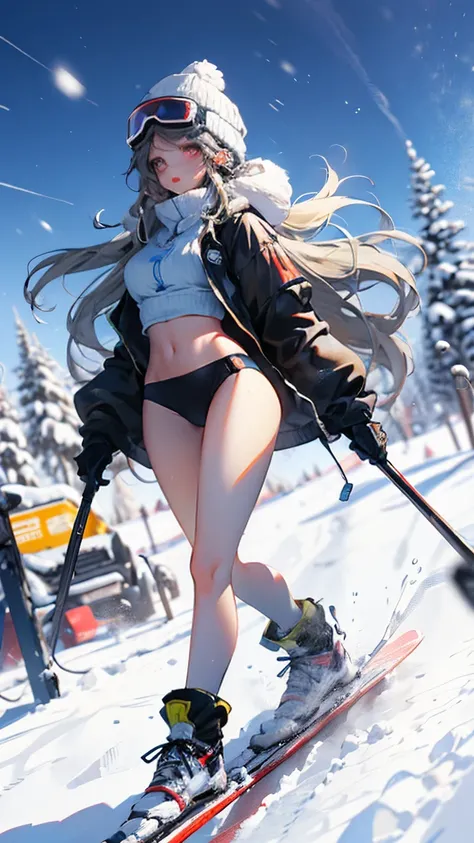 dynamic poses, full body image, super wide angle, A girl wearing fluorescent red clothes skiing in the snow, Meticulous attention to clothing and fashion, action, Gym_, exposed abdomen, (Slim:1.1), (long legs:1.3), (Slim legs:1.2), Background is snow, 3D r...