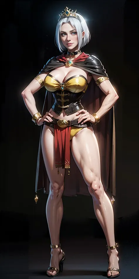 ((BLACK BACKGROUND,1:2, masterpiece)), full body MILF BIMBO standing with two long thighs and two high heels, red eyes, silver white hair, short bob style hair, big breasts, cleavage, separate sleeves, tiara royal, long cape up to two feet, yellow bikini, ...