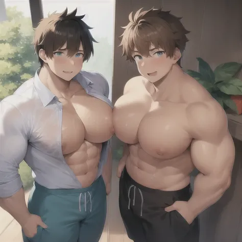 masterpiece, top quality, two teenage boys, 2boy is body size comparison, lifting clothes, huge heavy pectoral muscles over opponent, covering with huge body, {{looking up at viewer}}, muscular male, big pectoral muscles, big nipples, male, abs, grinning, ...