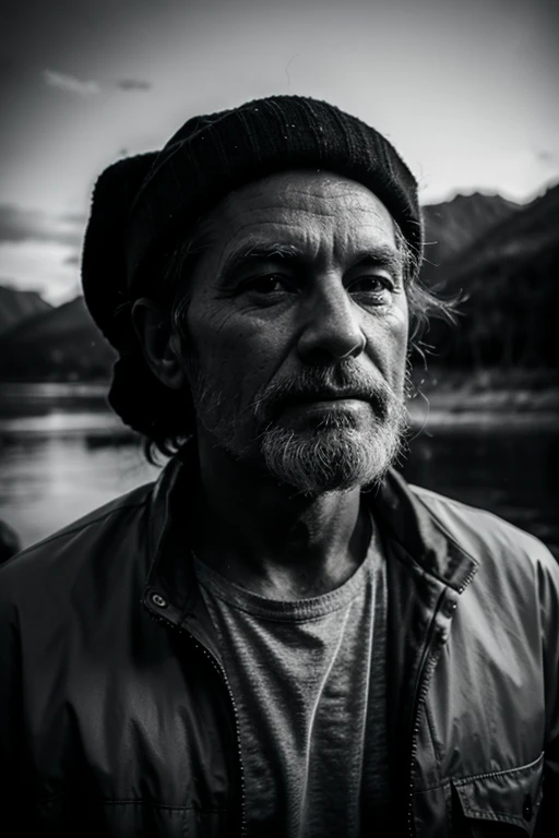 Black and white face portrait of old grizzled fisherman looking away from the camera, in style of chiaroscuro