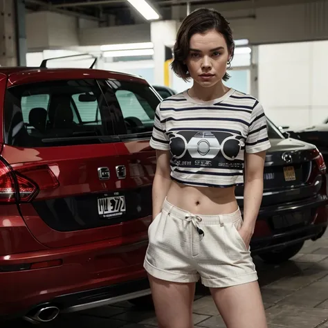 Daisy Ridley wearing striped shirt with car print shorts