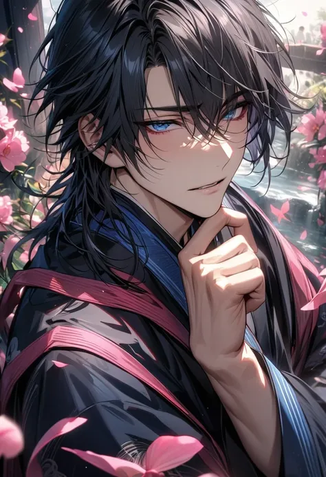 absurdres, highres, ultra detailed, HDR, masterpiece, Son Hak, black hair with bangs, expressive blue eyes, Akatsuki No Yona, 1man, extremely handsome, pink petals, pink butterflies, pink flowers, extremely detailed, blue and black kimono