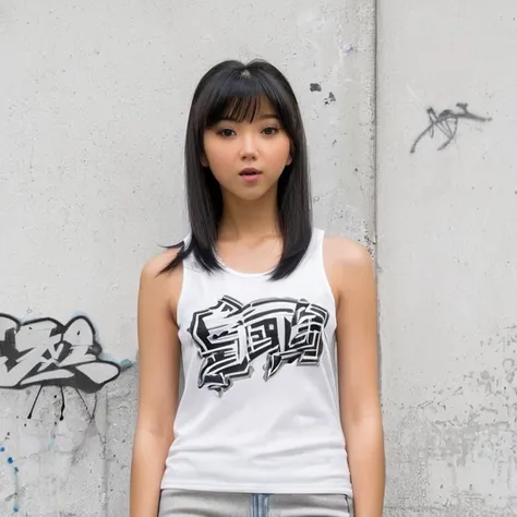 (high resolution, ultra-detailed, photorealistic), selfie of 1girl, sjang, long straight black hair with bangs, plain white tanktop, background: gray concrete wall with graffiti, realistic face, accurate, beautiful