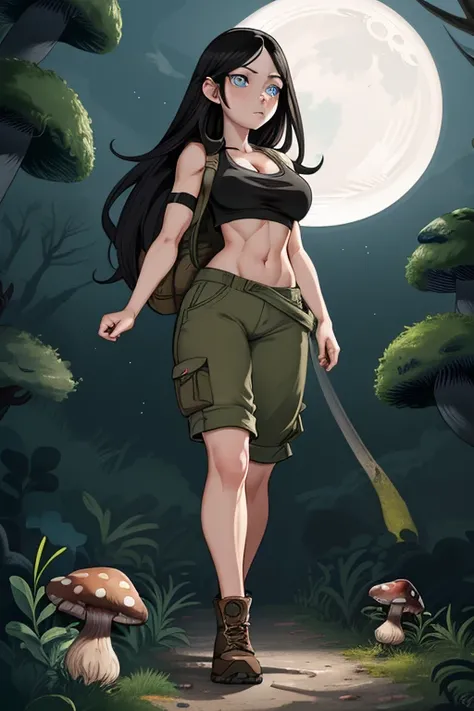 ultra high res, masterpiece, anime style, cell shading, highly detailed, fantasy inspired setting, 1girl, long black hair, blue eyes, expressive eyes, perfect face, medium breast, small waist, perfect figure, athletic physique, white crop top, showing clea...