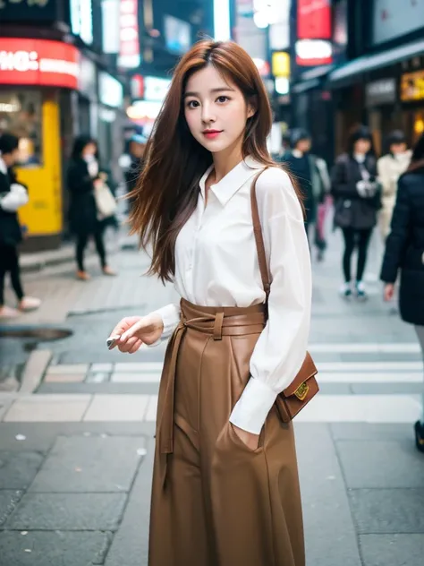 best quality，Clear face，ultra high definition，a korean beauty，Light brown medium length hair，Korean makeup，Fashionable outfits，Walking on the streets of Seoul，Small waist