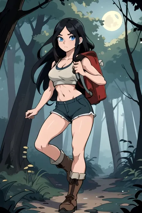 ultra high res, masterpiece, anime style, cell shading, highly detailed, fantasy inspired setting, 1girl, long black hair, blue eyes, expressive eyes, perfect face, medium breast, small waist, perfect figure, athletic physique, white crop top, showing clea...