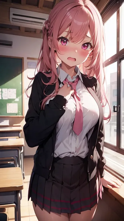 mastute piece,Best Quality,insanely detailed,8k cg,
shoot upper body,
1girl,standing,body in front,(school uniform),
blush,shy,(trembling:1.2),pink hair,break,open mouth,large breast,classroom,