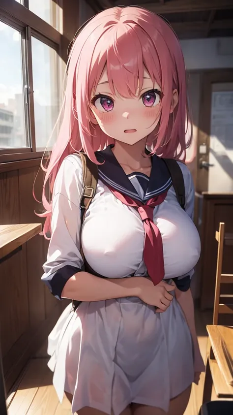 mastute piece,Best Quality,insanely detailed,8k cg,
shoot upper body,
1girl,standing,body in front,(serafuku),
blush,shy,(trembling:1.2),pink hair,break,open mouth,large breast,classroom,