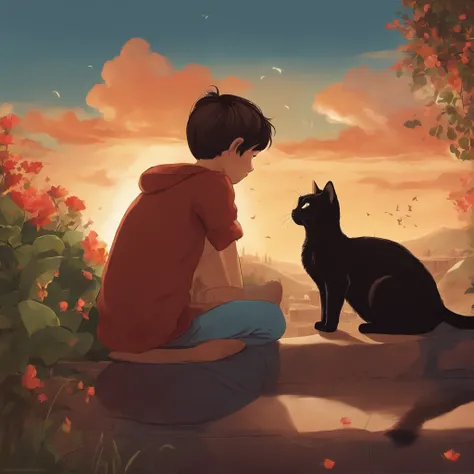 Open the sky and below there is a boy who is sad and a cat is sitting next to him