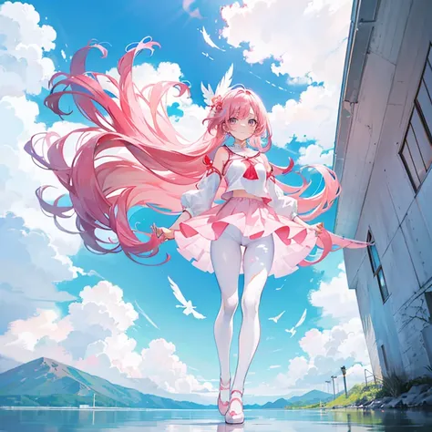 Coral pink hair，long hair，hair over one eye，gray eyes，feather hair ornament，girl，cute，J gymnastics suit，White silk pantyhose，ballet shoes，full-body shot，whole body，Stand in the salt lake，on the lake，Sky Mirror，Background blue sky and white clouds