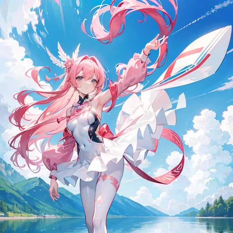 Coral pink hair，long hair，hair over one eye，gray eyes，feather hair ornament，girl，cute，J gymnastics suit，White silk pantyhose，ballet shoes，full-body shot，whole body，standing on the lake，Sky Mirror，Background blue sky and white clouds