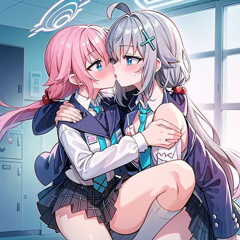 shiroko (blue archive),hoshino (blue archive),masterpiece, super quality, Super detailed, perfect drawing, high resolution,  lover, stare at each other from the front, (kiss)), (French kiss))), Embrace each other&#39;s breasts，like pressing, stare at each ...