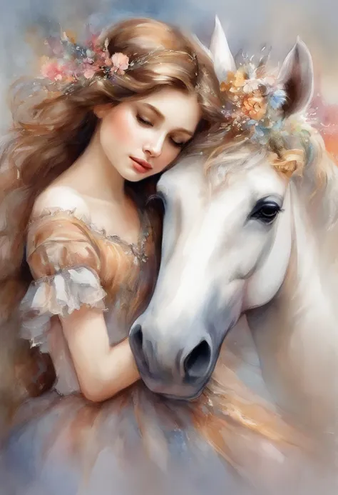 There is a brown haired , longos e ondulados, hugging, a unicorn, arte digital detalhada fofa, lindo estilo de arte, estilo fantasia, children&#39;s anime fantasy illustration, Soft anime illustration, a beautiful art illustration, white wallpaper illustra...