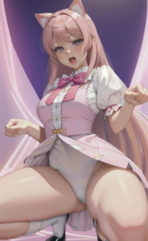 Baby face Big  Neat and clean Pink hair Long hair Beautiful girl Lolita clothes Squatting cowgirl Open legs Very thin beautiful legs 8k image quality Sexy body shape Looking at the whites of the eyes Screaming with wide open mouth Anyway big  Gesture of th...