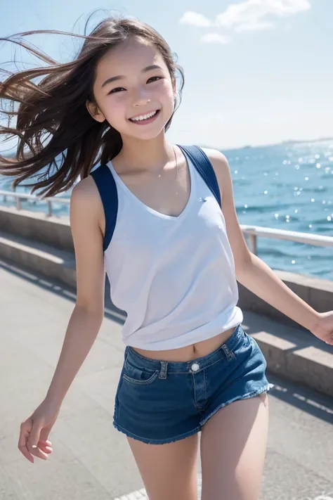 1 girl , 12 years old, Smile, eyes are brown, table top, highest quality,(be familiar with),(upon),girly running,, crew , ,  outside, on the way to school, (thin:1),Japanese, small breasts, sexual, The wind is blowing, sky blue seaside,dazzling sunlight