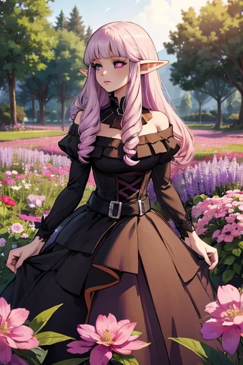 a pink haired female elf with violet eyes and an hourglass figure wearing a gothic elven dress is standing in a field of flowers