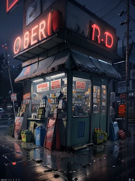 general shot, ((midnight convenience store with neon signs: 1.5)), (town, street at midnight, wind, flying papers, puddles of wa...