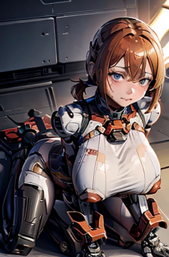 A Female robot is sleeping in bedroom, spread legs, nude, banzai pose. she wears no dress. She Brown short hair is tied with two big red clothespins, She lifts up the under hem of her white plain dress, leaning over, masterpiece, very short pigtails,brown ...