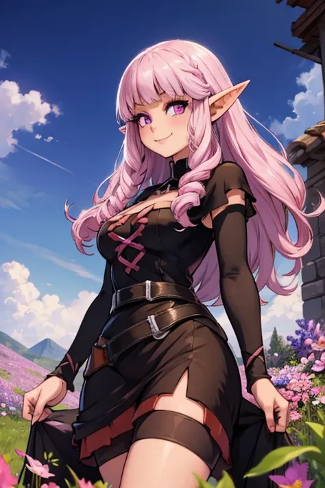 a pink haired female elf with violet eyes and an hourglass figure wearing a gothic elven dress is smiling in a field of flowers