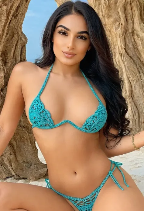 (best high quality:1.2), Work of art, 8k, extremely detailed, (High detail:1.2), ((perfect anatomy in hands)), (Hotlexi woman), Solo, 24 year old Arabian female, ((micro bikini)),