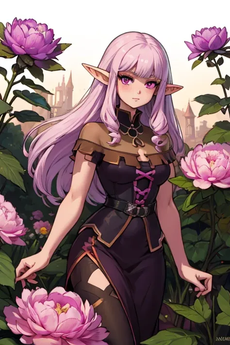 a pink haired female elf with violet eyes and an hourglass figure wearing a gothic elven dress is blushing with a peony in her h...