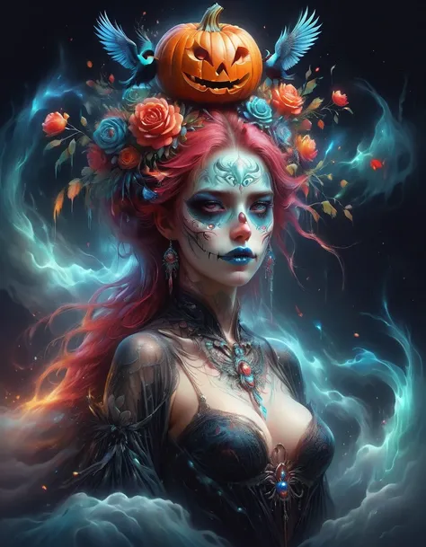 (The Art of Aptrus, Peter Pola), skeleton, 1 girl, Hairy, Jour des morts, Scary Pumpkin Mask, Rags of rags, fog and mist, flat chest, small breasts, Rotten pumpkins all around, official art, Super detailed, Beautiful and beautiful, intricate details, Portr...