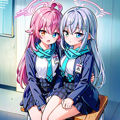 masterpiece, best quality, ultra-detailed, 2girls, indoors, school AND masterpiece, best quality, ultra-detailed, 2girls, upper body, halo,hoshino, school uniform,very long hair,orange eyes,blue eyes,heterochromia,pink hair,white shirt,chest harness,(small...