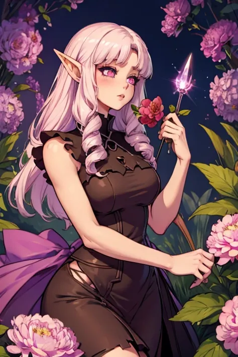 A pink haired female elf with violet eyes and an hourglass figure wearing a Gothic Elven dress is blushing with a peony in her hand in a field of flowers
