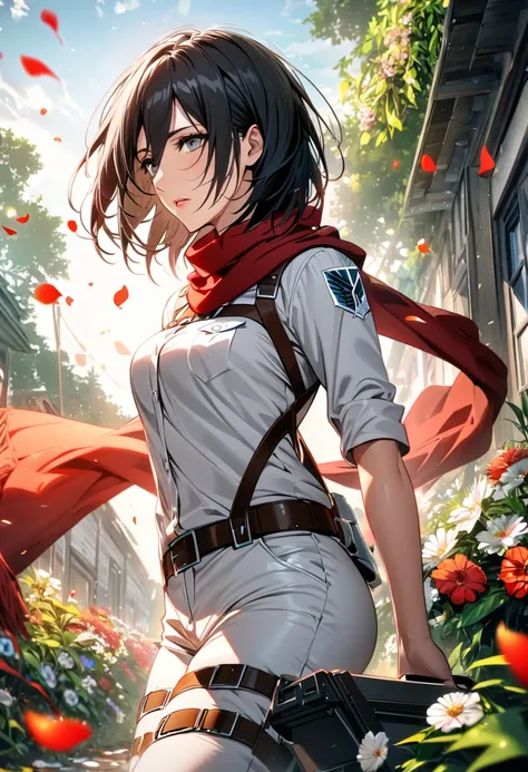 Ultra detailed, Highres, absurdres, HDR, Mikasa Ackerman, black hair, grey eyes, Shingeki No Kyojin, red scarf, extremely beautiful, 1 woman only, green leaves, flowers and petals, summer, white pants,