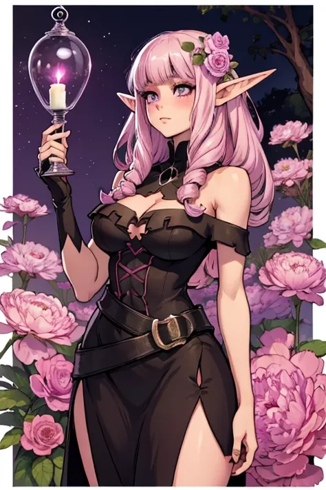 A pink haired female elf with violet eyes and an hourglass figure wearing a Gothic sexy Elven dress is blushing with a peony in her hand in a field of flowers