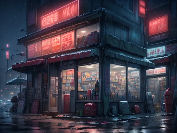 general shot, ((large midnight convenience store with neon signs: 1.5)), (town, street at midnight, wind, flying papers, puddles of water in the streets, car parking, ((sign with text, "24 hour store" in neon magenta:1.3), vintage cars, street lamps lighti...