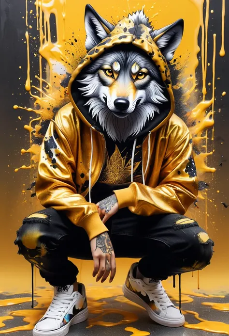 a stunning ink painting featuring an anthropomorphic wolf head dressed in a hip-hop outfit. lobo wears a bold, graffiti-inspired...