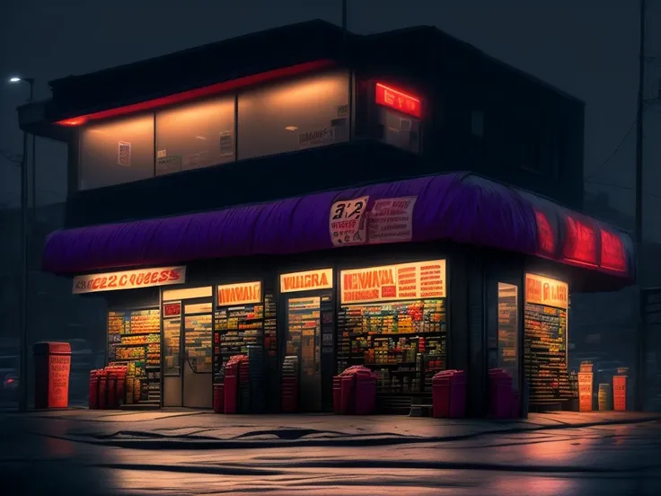 general shot, ((large midnight convenience store with neon signs: 1.5)), (town, street at midnight, wind, flying papers, puddles...