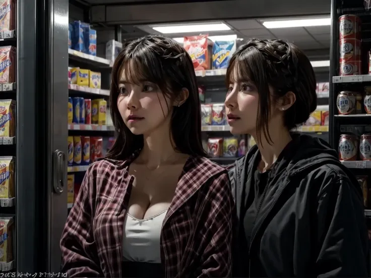 (best quality,4k,8k,highres,masterpiece:1.2),ultra-detailed,(realistic,photorealistic,photo-realistic:1.37),night scene,dark atmosphere,convenience store,beautiful detailed female clerk,mysterious customer,robbery,suspenseful,crime scene,emotional tension,...