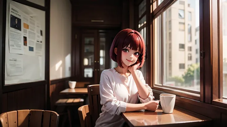 original photo, best quality), 1 girl, Kana Arima, natural lighting, Upper body, cafes, Smile, Satosh Khan Art Style