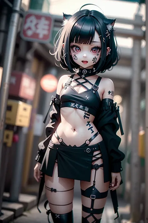 photorealistic,Figure, (chibi, flat, Nendoroid:1.5,plastic),1girl,cute, kawaii,small kid,smile,open mouth,hair floating,black hair and mesh by white,bob cut hair,pale skin,skin color blue,eyes are red,red eyes shining,big eyes,tight tube top,breast,tight h...