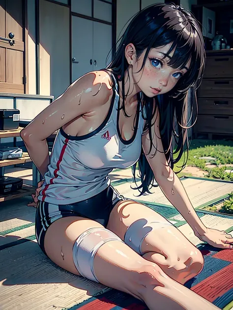 Japanese-style house,on the futon, (Sexy sports outfits), play sports often, 美しく詳細な顔カラフルなヨガマットに座っている白い下着を着たアラフィフの日本people女性, 日本people女性１people, realistic young gravure idol, Yoshitomo Nara,  Young beautiful gravure idol,  Chiho, 8K)), young sensual gravure...