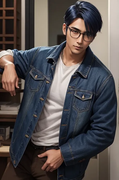 indigo hair　Parting short hair　Cut long　Handsome guy　２５age　brown jacket　Glasses