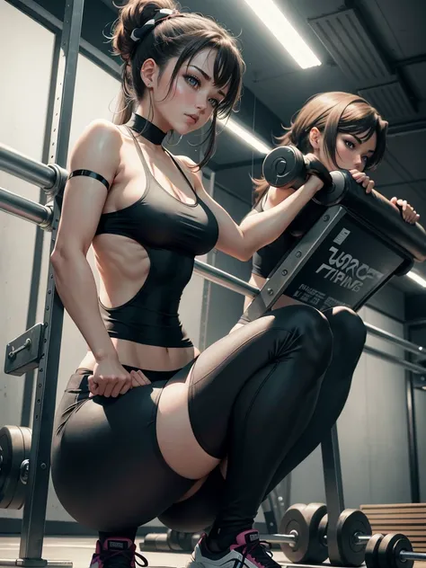 A woman wearing a black top and black pants is squatting on gym equipment。, workout, fit girl, Chun-Li at the gym, at the gym, Best Anime 4K Kona-chan Wallpaper, 4k anime wallpaper, Beautiful anime girl squatting, anime style 4k, anime wallpaper 4k, anime ...