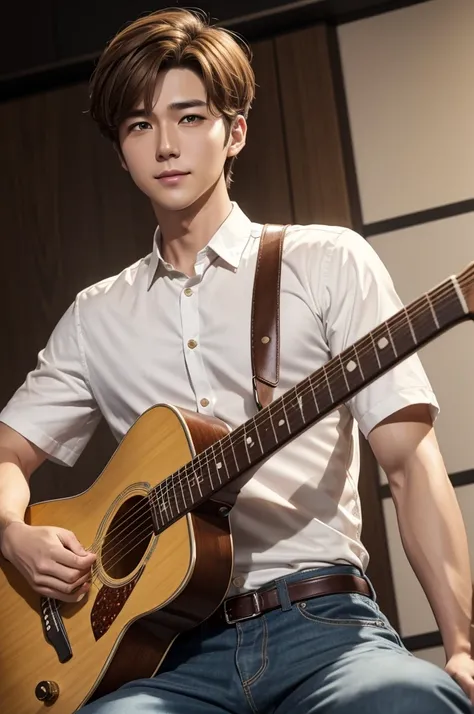 Gold-brown hair　short hair　Cut long　Handsome guy　２４age　white shirt　live-action　guitar　active　positive