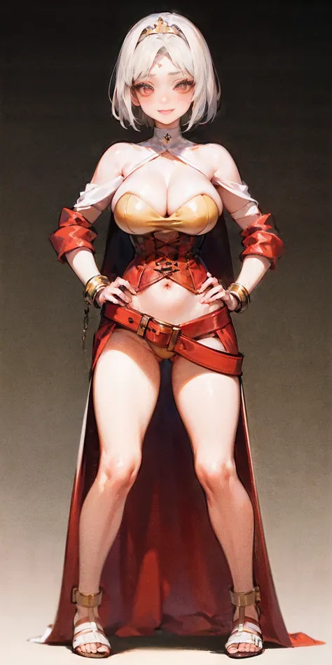 ((BLACK BACKGROUND,1:2, masterpiece)), full body MILF BIMBO standing with two long thighs and two high heels, red eyes, silver white hair, short bob style hair, big breasts, cleavage, separate sleeves, tiara royal, long cape up to two feet, yellow bikini, ...