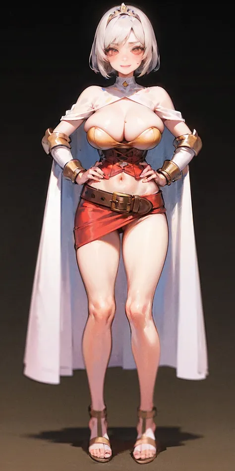 ((BLACK BACKGROUND,1:2, masterpiece)), full body MILF BIMBO standing with two long thighs and two high heels, red eyes, silver white hair, short bob style hair, big breasts, cleavage, separate sleeves, tiara royal, long cape up to two feet, yellow bikini, ...