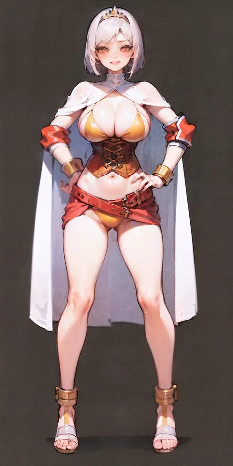 ((BLACK BACKGROUND,1:2, masterpiece)), full body MILF BIMBO standing with two long thighs and two high heels, red eyes, silver white hair, short bob style hair, big breasts, cleavage, separate sleeves, tiara royal, long cape up to two feet, yellow bikini, ...